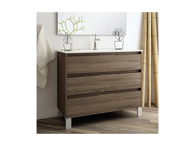 Meuble de salle de bain 80cm simple vasque - 3 tiroirs - sans miroir - TIRIS 3C - britannia (chêne foncé)