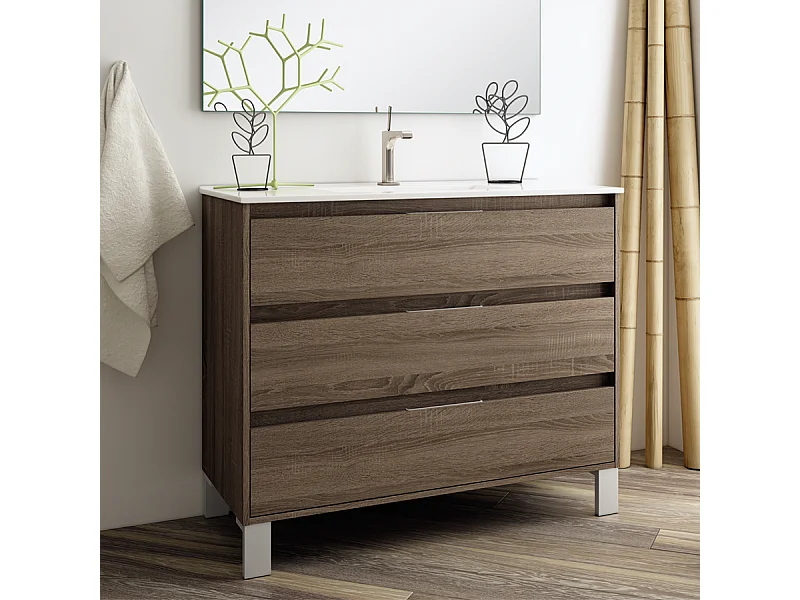 Meuble de salle de bain 80cm simple vasque - 3 tiroirs - sans miroir - TIRIS 3C - britannia (chêne foncé)