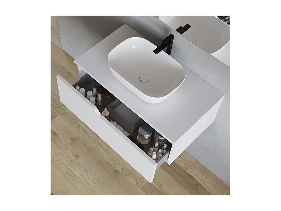 Meuble de salle de bain 80cm avec vasque à poser arrondie - 1 tiroir - blanc - CADIX