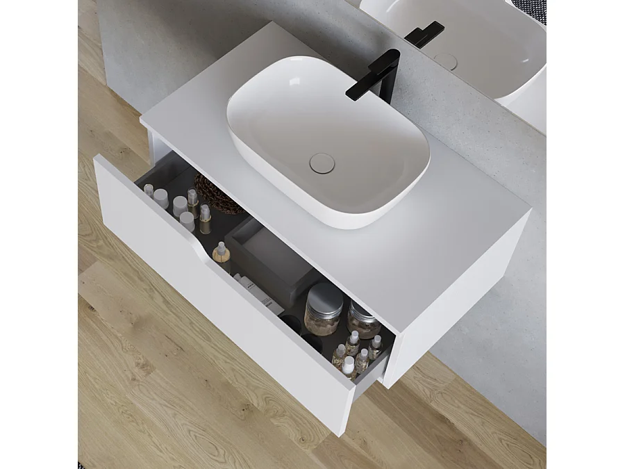 Meuble de salle de bain 80cm avec vasque à poser arrondie - 1 tiroir - blanc - CADIX