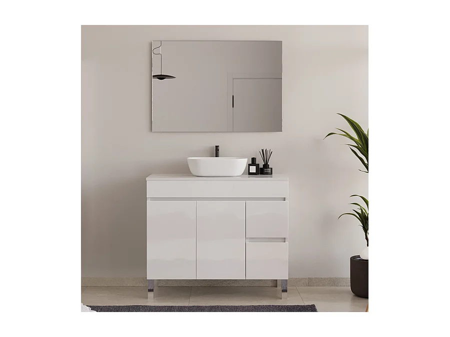 Meuble de salle de bain 100cm sur pieds avec plateau et une cuve à poser arrondie - portes et tiroirs - blanc - HARO