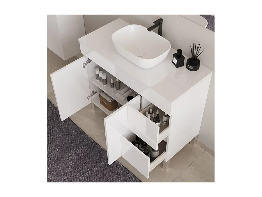 Meuble de salle de bain 100cm sur pieds avec plateau et une cuve à poser arrondie - portes et tiroirs - blanc - HARO
