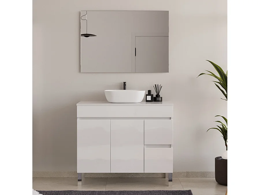 Meuble de salle de bain 100cm sur pieds avec plateau et une cuve à poser arrondie - portes et tiroirs - blanc - HARO