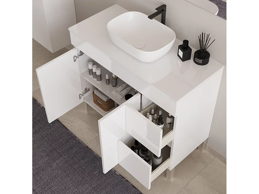 Meuble de salle de bain 100cm sur pieds avec plateau et une cuve à poser arrondie - portes et tiroirs - blanc - HARO