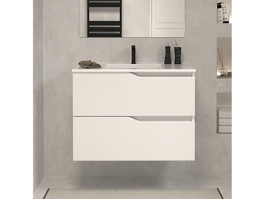 Meuble de salle de bain 60cm simple vasque - 2 tiroirs - blanc - LUNA