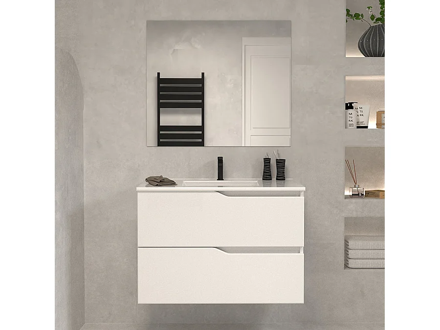 Meuble de salle de bain 60cm simple vasque - 2 tiroirs - blanc - LUNA