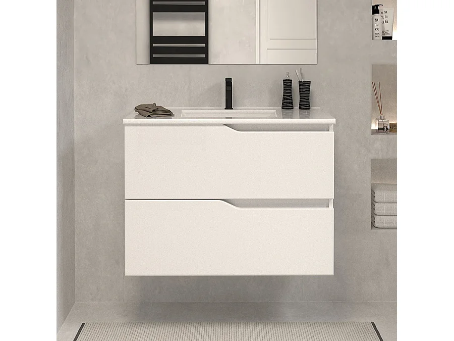 Meuble de salle de bain 60cm simple vasque - 2 tiroirs - blanc - LUNA