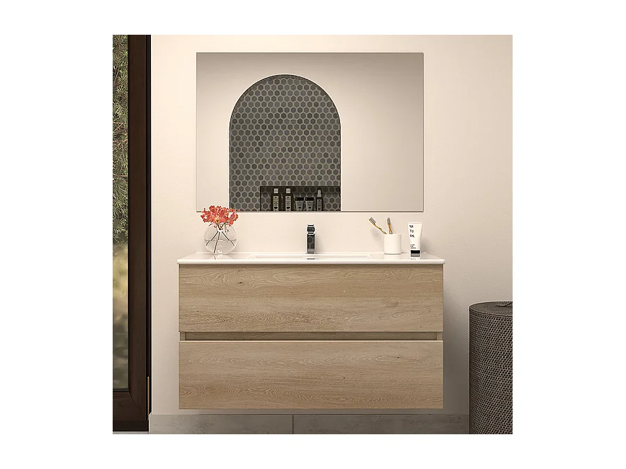 Meuble de salle de bain 100cm simple vasque - 2 tiroirs - nebraska (bois clair) - IDA