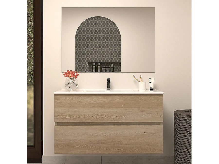 Meuble de salle de bain 100cm simple vasque - 2 tiroirs - nebraska (bois clair) - IDA