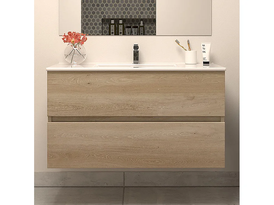 Meuble de salle de bain 100cm simple vasque - 2 tiroirs - nebraska (bois clair) - IDA