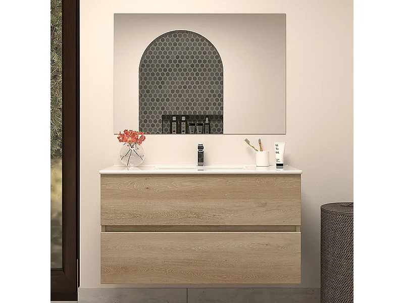 Meuble de salle de bain 100cm simple vasque - 2 tiroirs - nebraska (bois clair) - IDA