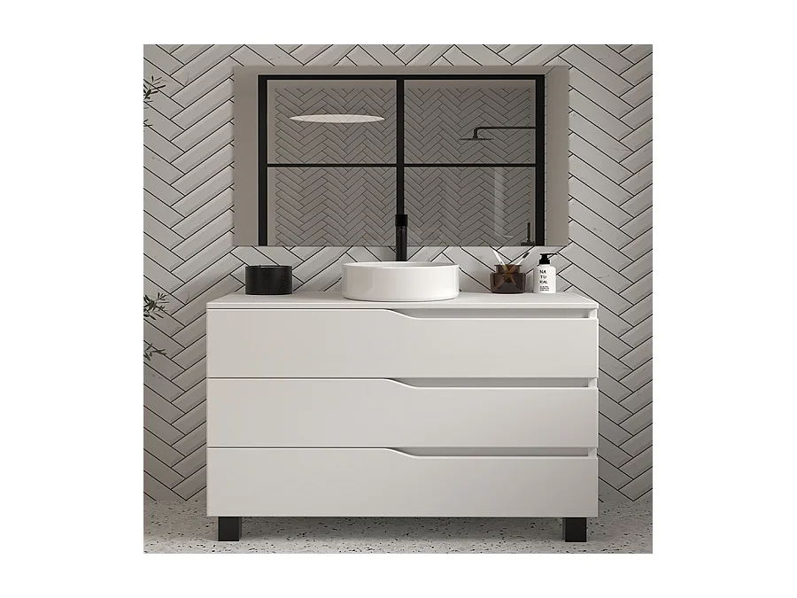 Meuble de salle de bain 120 avec plateau et vasque à poser - 3 tiroirs - blanc - MATA