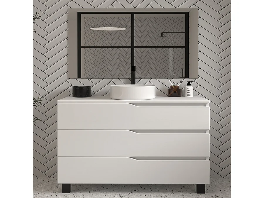 Meuble de salle de bain 120 avec plateau et vasque à poser - 3 tiroirs - blanc - MATA