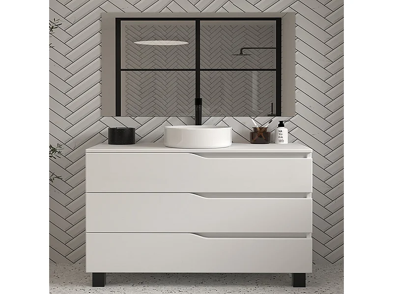 Meuble de salle de bain 120 avec plateau et vasque à poser - 3 tiroirs - blanc - MATA