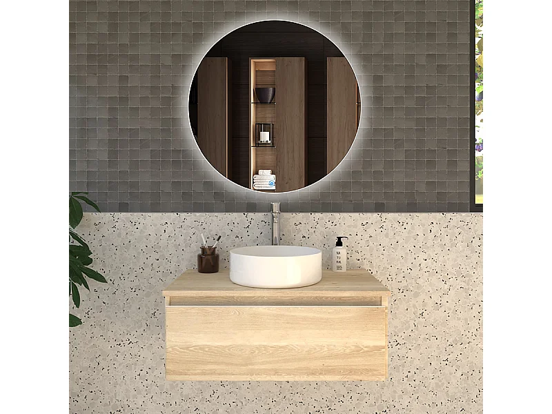 Meuble de salle de bain 1 tiroir avec vasque à poser ronde PENA et miroir Led SOLEN - Bambou (chêne clair) - 80cm