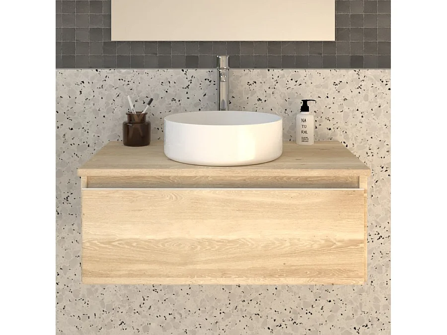 Meuble de salle de bain 1 tiroir avec vasque à poser ronde PENA et miroir Led SOLEN - Bambou (chêne clair) - 80cm