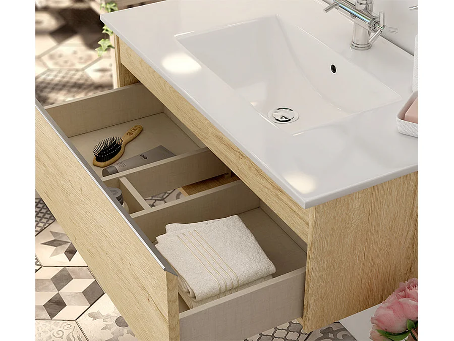 Meuble de salle de bain 1 tiroir avec vasque à poser ronde PENA et miroir Led SOLEN - Bambou (chêne clair) - 80cm