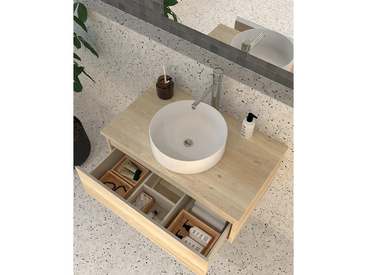 Meuble de salle de bain 1 tiroir avec vasque à poser ronde PENA et miroir Led SOLEN - Bambou (chêne clair) - 80cm