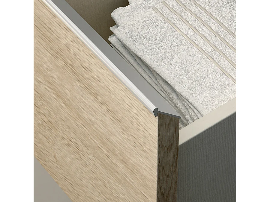 Meuble de salle de bain 1 tiroir avec vasque à poser ronde PENA et miroir Led SOLEN - Bambou (chêne clair) - 80cm