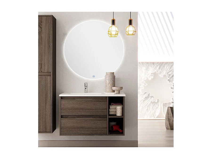 Meuble de salle de bain vasque déportée - 2 tiroirs - OLYMPE et miroir rond Led SOLEN - britannia (chêne foncé) - 80cm