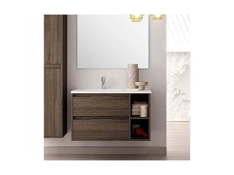 Meuble de salle de bain vasque déportée - 2 tiroirs - OLYMPE et miroir rond Led SOLEN - britannia (chêne foncé) - 80cm