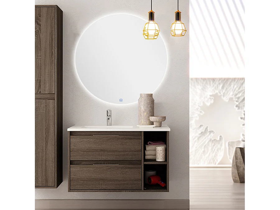 Meuble de salle de bain vasque déportée - 2 tiroirs - OLYMPE et miroir rond Led SOLEN - britannia (chêne foncé) - 80cm
