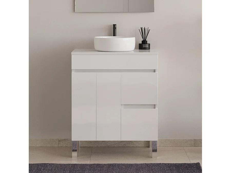Meuble de salle de bain 80cm sur pieds avec plateau et une cuve à poser ronde - sans miroir - portes et tiroirs - blanc - HARO