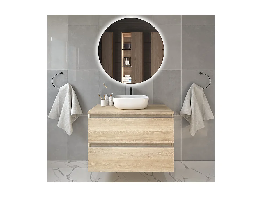 Meuble de salle de bain 2 tiroirs avec vasque à poser arrondie BALEA et miroir rond Led SOLEN - Bambou (chêne clair) - 80cm