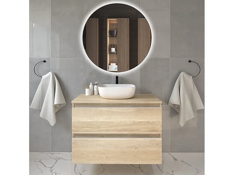 Meuble de salle de bain 2 tiroirs avec vasque à poser arrondie BALEA et miroir rond Led SOLEN - Bambou (chêne clair) - 80cm