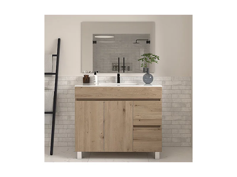 Meuble de salle de bain 100cm simple vasque sur pieds avec portes et tiroirs - cambrian (chêne clair) - HARO