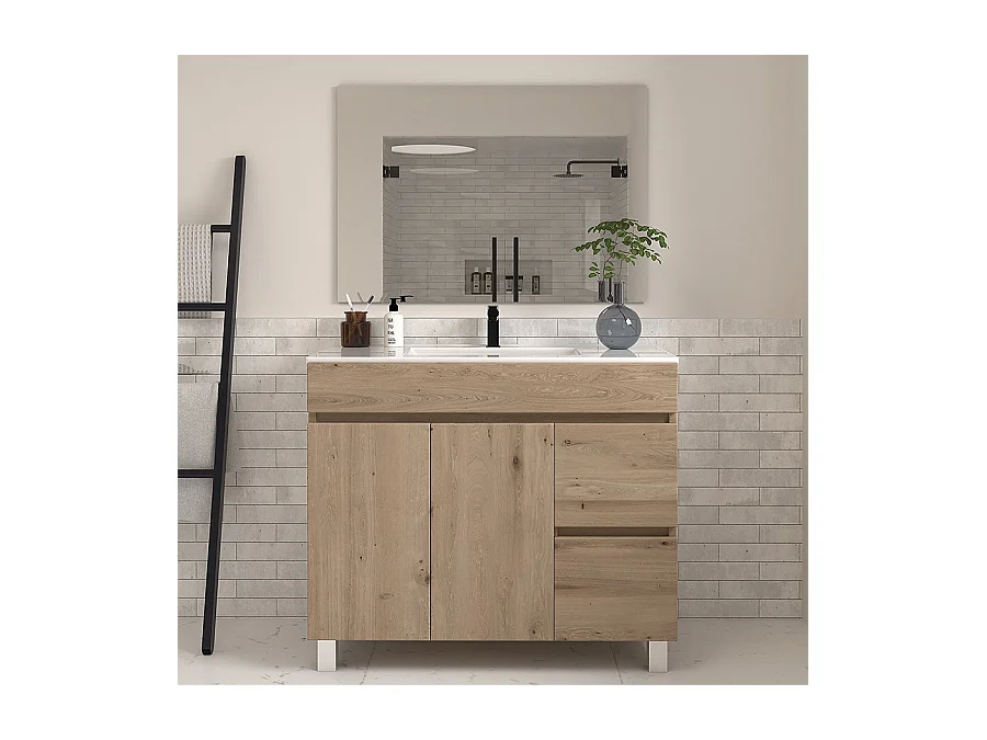 Meuble de salle de bain 100cm simple vasque sur pieds avec portes et tiroirs - cambrian (chêne clair) - HARO