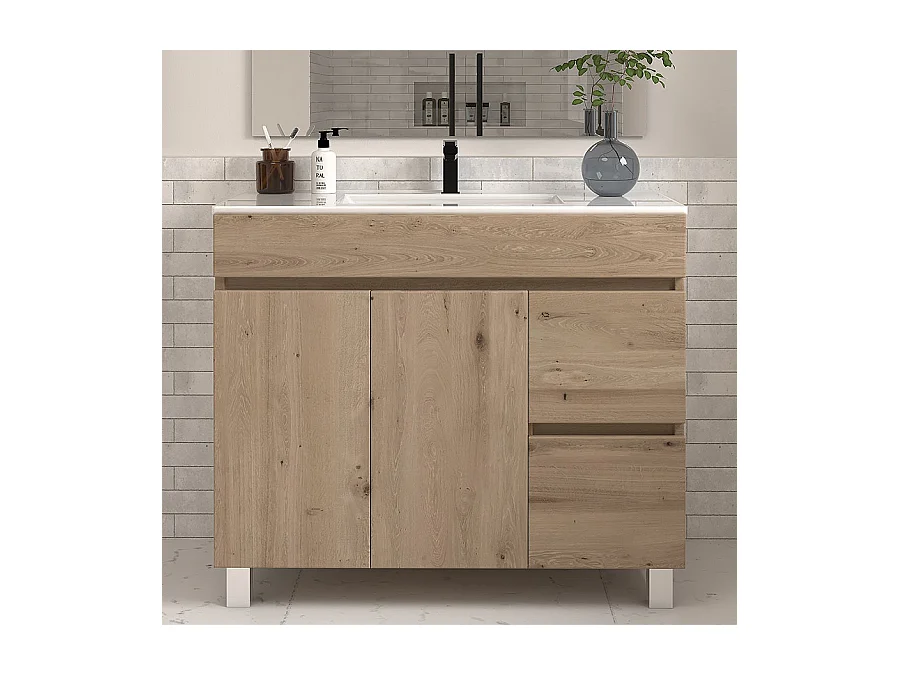Meuble de salle de bain 100cm simple vasque sur pieds avec portes et tiroirs - cambrian (chêne clair) - HARO