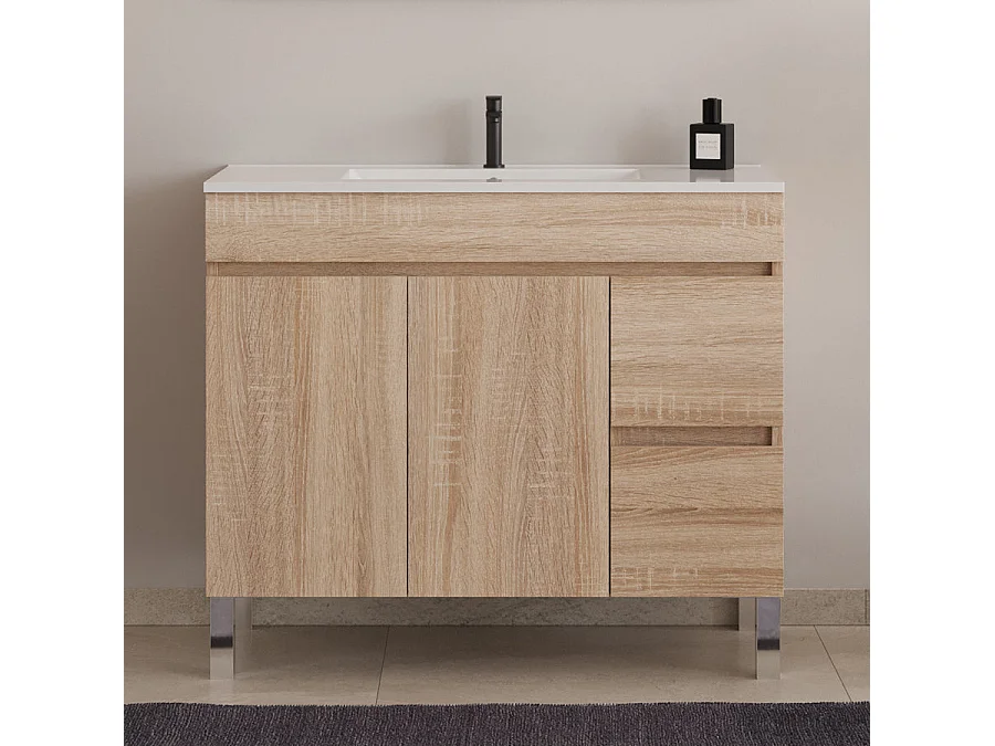 Meuble de salle de bain 100cm simple vasque sur pieds avec portes et tiroirs - cambrian (chêne clair) - HARO
