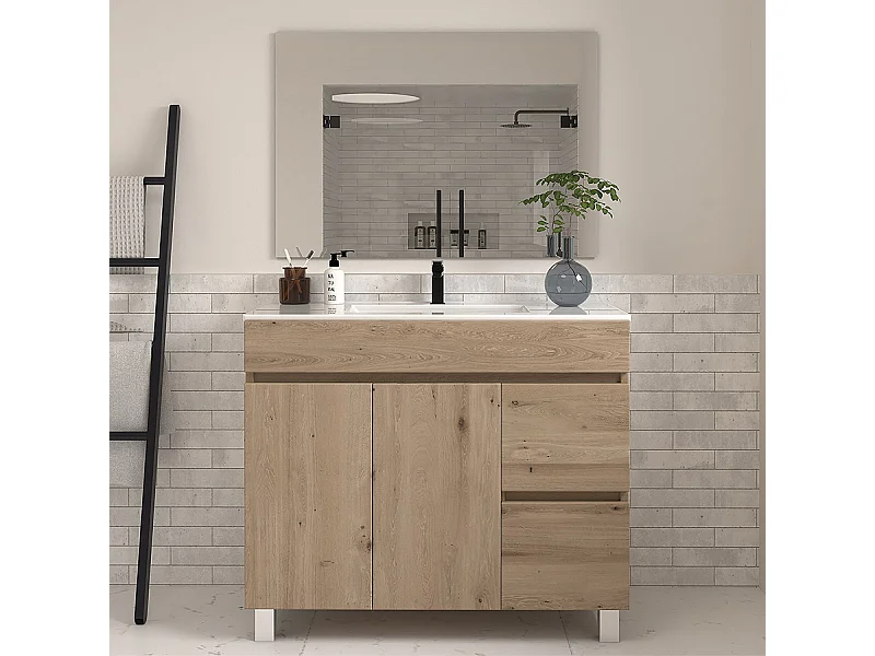 Meuble de salle de bain 100cm simple vasque sur pieds avec portes et tiroirs - cambrian (chêne clair) - HARO