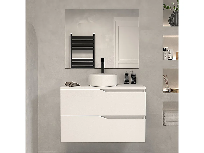 Meuble de salle de bain 80 avec plateau et vasque à poser - 2 tiroirs - blanc - LUNA