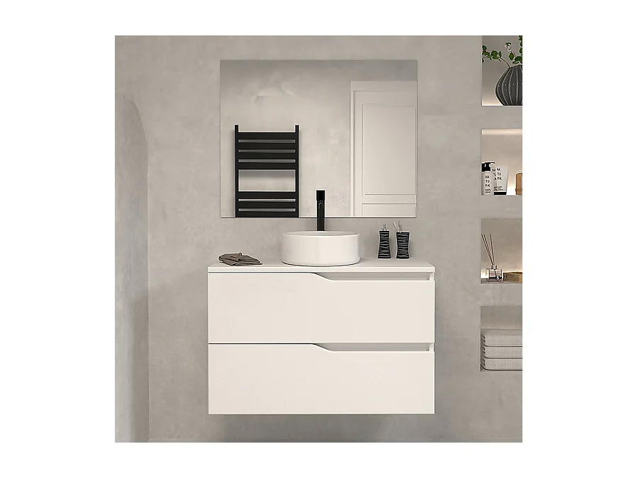 Meuble de salle de bain 80 avec plateau et vasque à poser - 2 tiroirs - blanc - LUNA