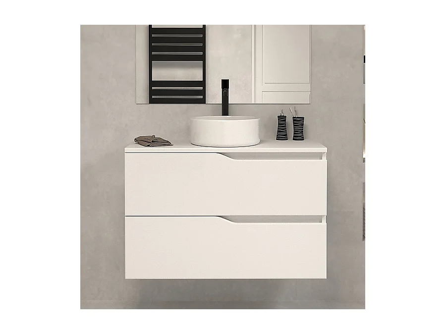 Meuble de salle de bain 80 avec plateau et vasque à poser - 2 tiroirs - blanc - LUNA