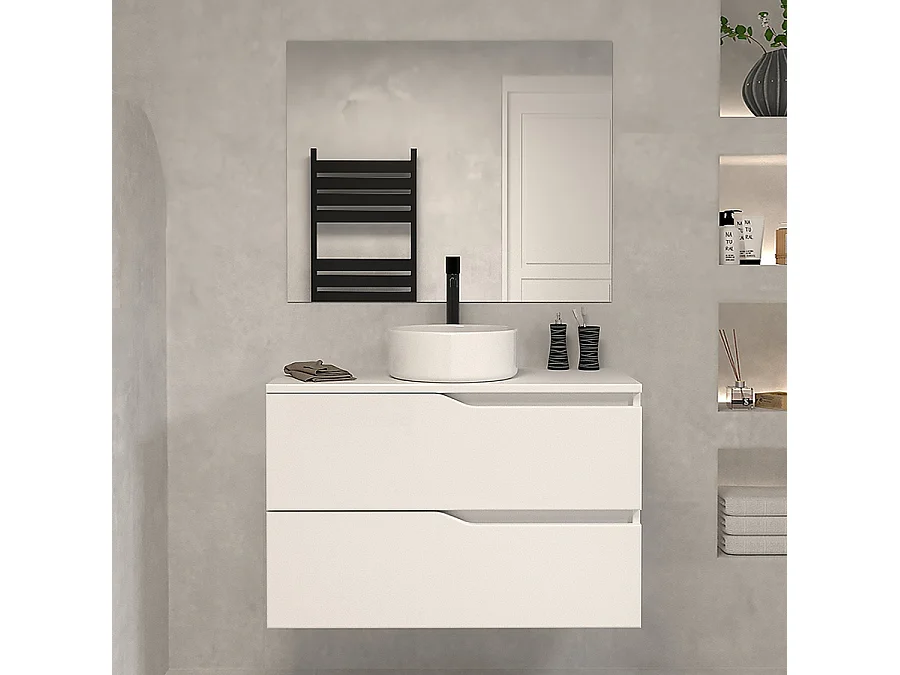 Meuble de salle de bain 80 avec plateau et vasque à poser - 2 tiroirs - blanc - LUNA