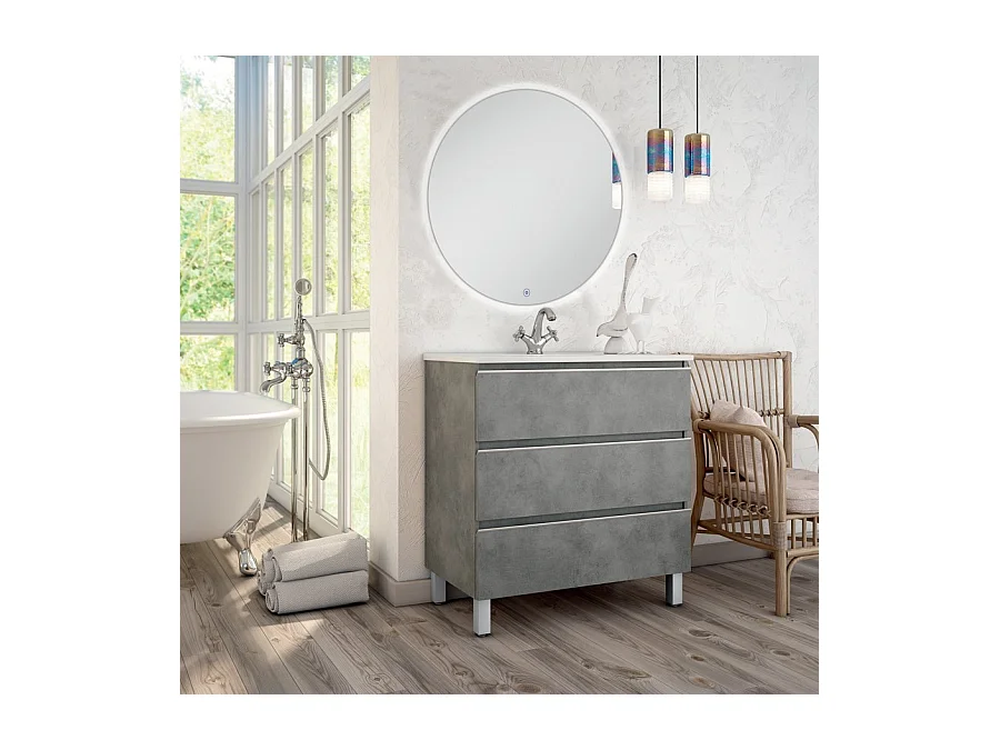 Meuble de salle de bain simple vasque - 3 tiroirs - PALMA et miroir rond Led SOLEN - ciment (gris) - 70cm