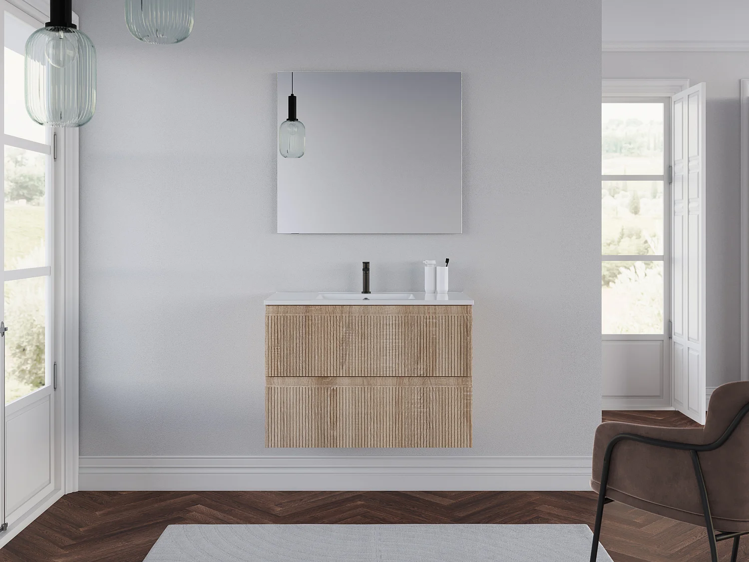 Meuble de salle de bain 70cm avec plan simple vasque - sans miroir - 2 tiroirs - blanc - RIBERA
