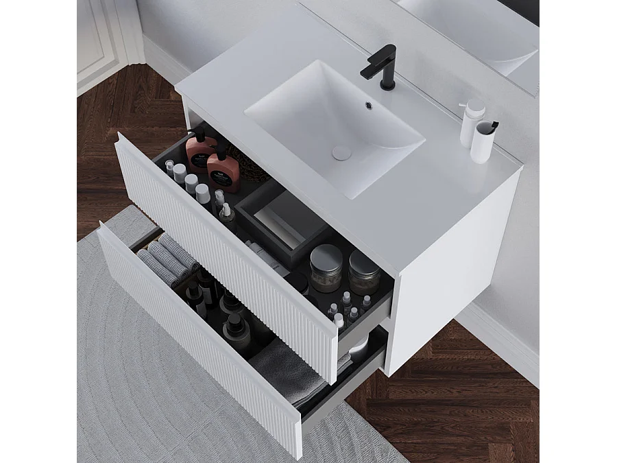 Meuble de salle de bain 70cm avec plan simple vasque - sans miroir - 2 tiroirs - blanc - RIBERA