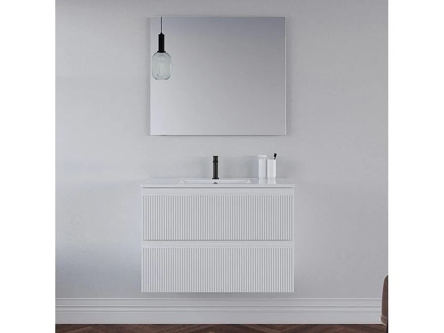 Meuble de salle de bain 70cm avec plan simple vasque - sans miroir - 2 tiroirs - blanc - RIBERA