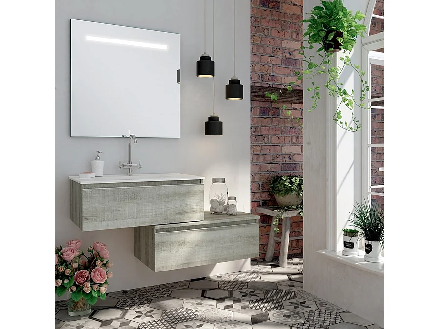Meuble de salle de bain simple vasque -  2 tiroirs - PENA et miroir Led STAM - Coral - 120cm