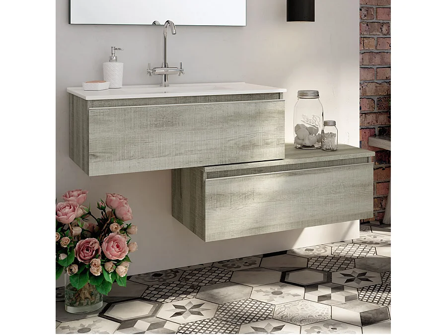 Meuble de salle de bain simple vasque -  2 tiroirs - PENA et miroir Led STAM - Coral - 120cm