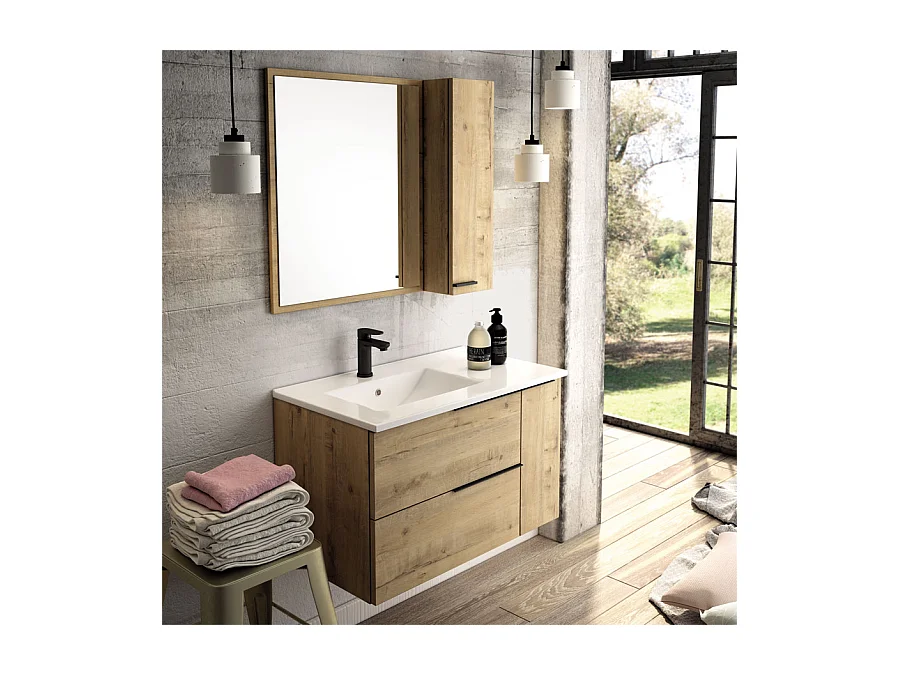 Meuble de salle de bain 80cm vasque déportée - 2 tiroirs - miroir avec armoirette - KING - Roble (chêne clair)