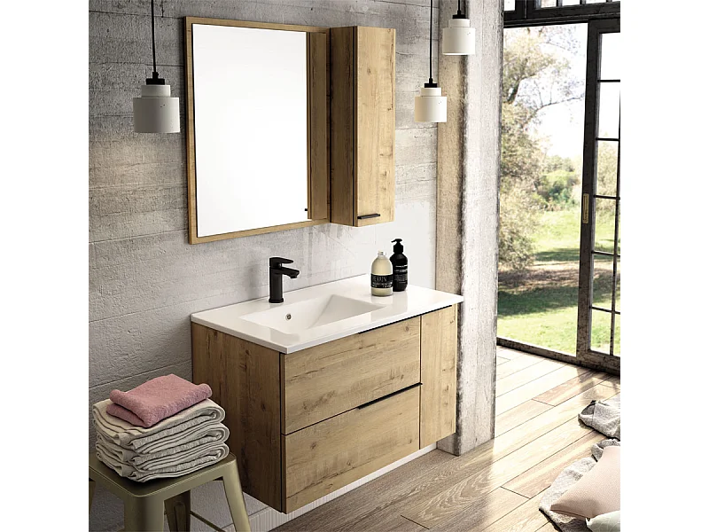 Meuble de salle de bain 80cm vasque déportée - 2 tiroirs - miroir avec armoirette - KING - Roble (chêne clair)