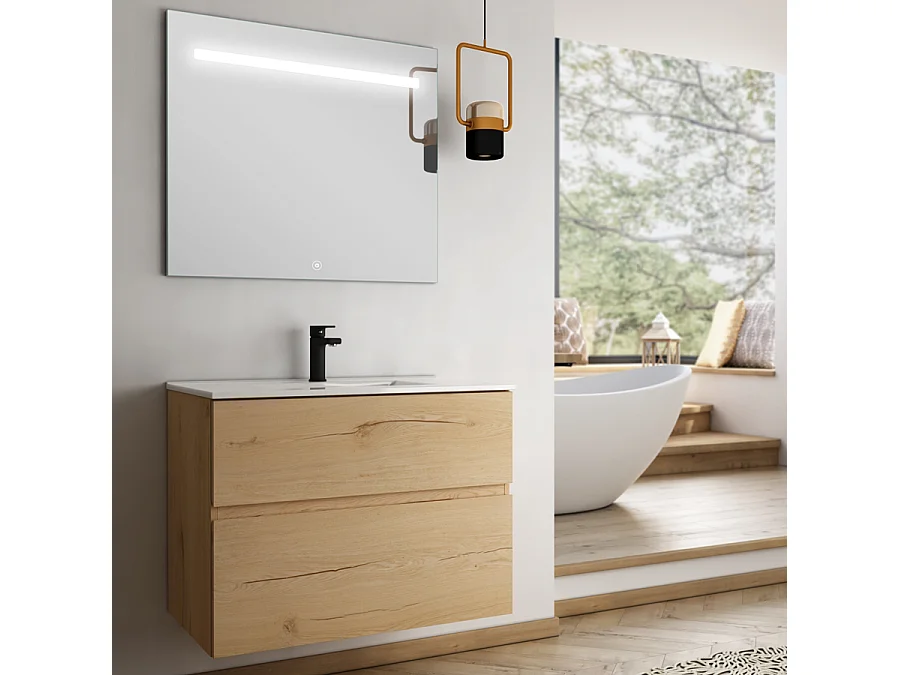 Meuble de salle de bain simple vasque - 2 tiroirs - MIG et miroir Led STAM - roble (chêne clair) - 100cm