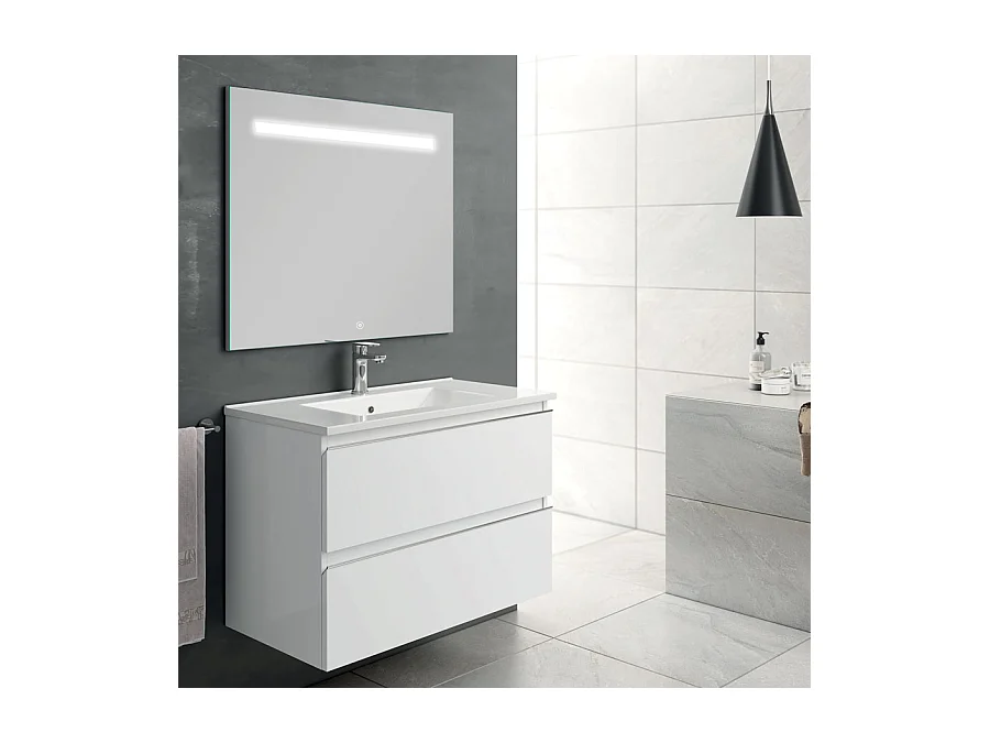 Meuble de salle de bain simple vasque - 2 tiroirs - BALEA et miroir Led STAM - blanc - 80cm