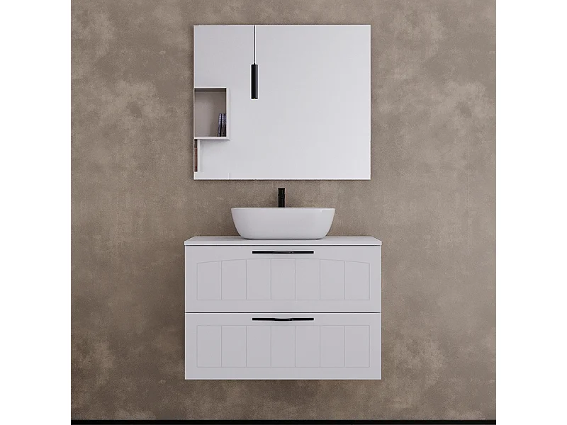 Meuble de salle de bain 80cm avec plateau et vasque à poser ovale - 2 tiroirs - blanc - PIA