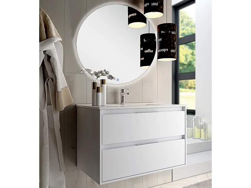 Meuble de salle de bain simple vasque - 2 tiroirs - IRIS et miroir rond Led SOLEN - blanc - 80cm